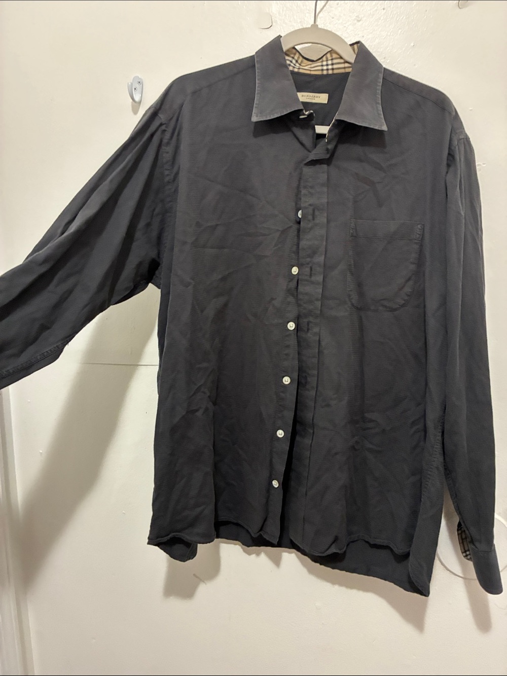 Burberry Men's Charcoal Button-Down Shirt with Contrast Collar
